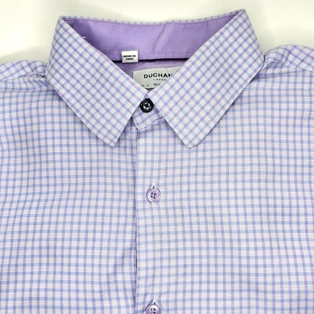 Duchamp London Men's Lavender Check Dress Shirt Slim Fit Button Up Size 16.5/L